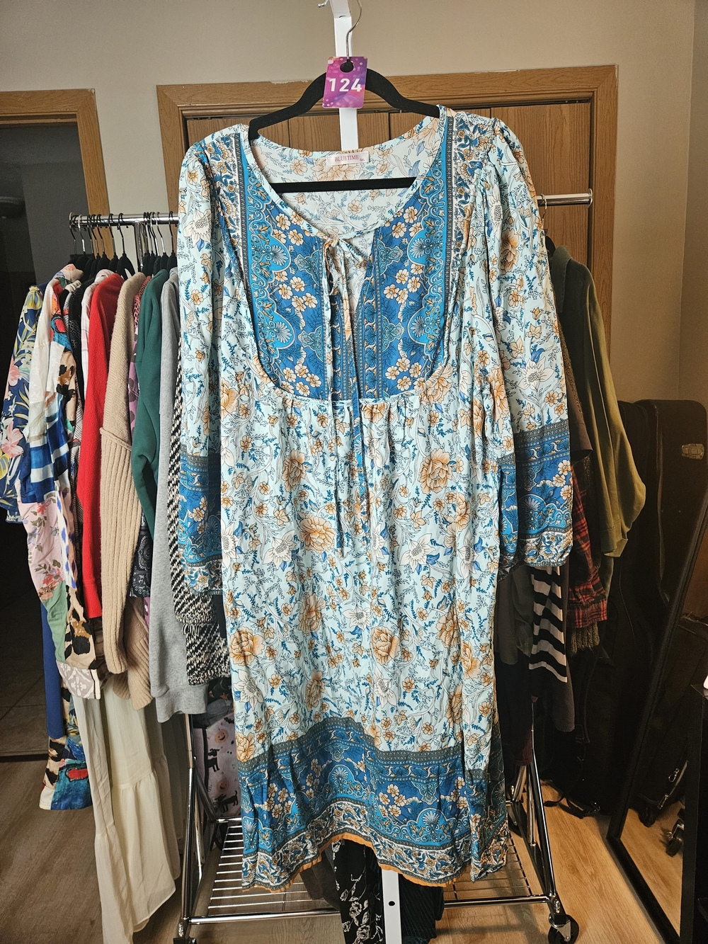 Boho Floral Tie-Neck Midi Dress in Teal and Cream